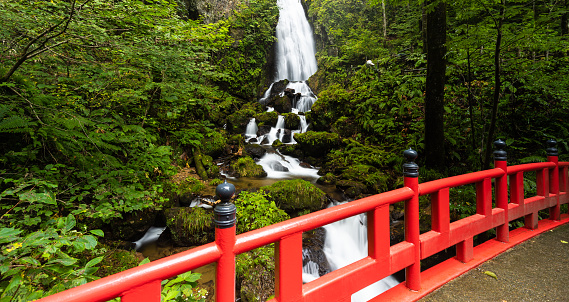Fudonotaki, Hachimantai. An old-style Japanese redwood railing bridge in the foreground with gorgeous falls in the background and lush green foliage.