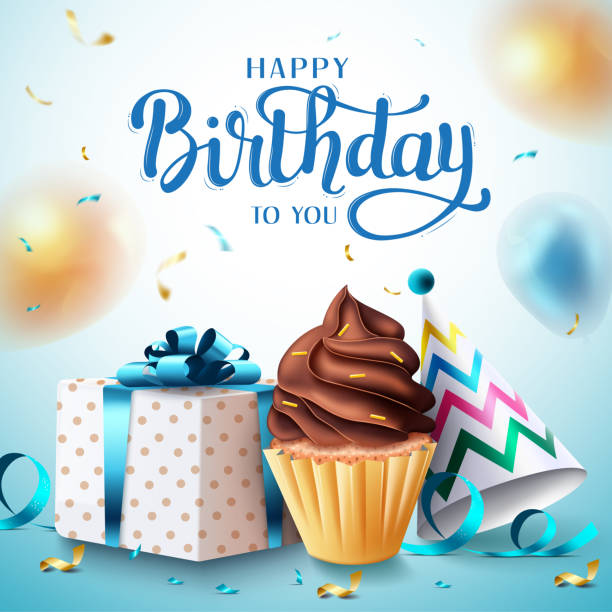 ilustraciones, imágenes clip art, dibujos animados e iconos de stock de diseño de concepto vectorial sorpresa de cumpleaños. texto de feliz cumpleaños con elementos de celebración de cupcake, regalo, sombrero de fiesta para mensajes de ocasión del día del nacimiento. - ribbon nobody cupcake celebration