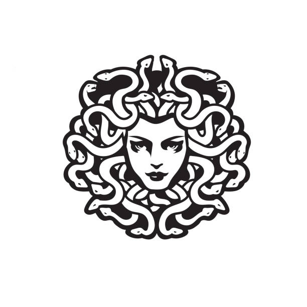 ilustraciones, imágenes clip art, dibujos animados e iconos de stock de vector blanco y negro medusa gorgona cabeza de mujer con serpientes ilustración - gorgon