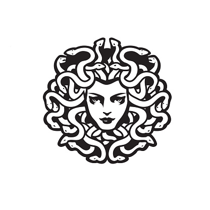 Vector Black and White Medusa Gorgon Woman Head with snakes Illustration, Medusa greek myth creature vector illustration