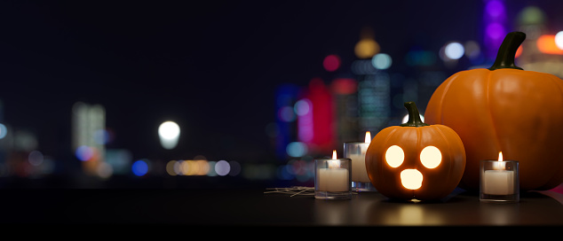 Copy space for product display on black tabletop with Halloween decor, candles pumpkin lamp over dark night with bokeh light in background. Halloween background. 3d rendering, 3d illustration