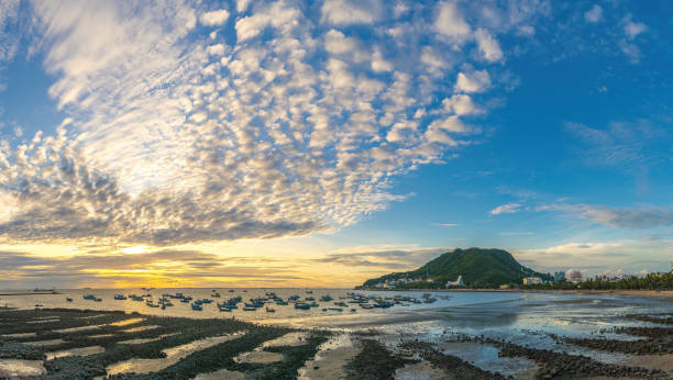 thành phố vũng tàu nhìn từ trên không với hoàng hôn tuyệt đẹp và rất nhiều thuyền. toàn cảnh bờ biển vũng tàu nhìn từ trên cao, với sóng biển, bờ biển, đường phố, cây dừa và núi tao phụng ở vi� - vũng tàu hình ảnh sẵn có, bức ảnh & hình ảnh trả phí bản quyền một lần