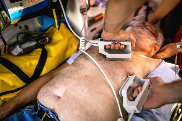 medical urgency in the ambulance .emergency doctor using defibrillator