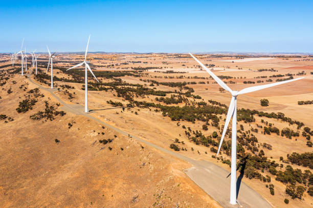 wind farm out in a paddock. - land development aerial view planning imagens e fotografias de stock