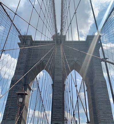 On the Brooklyn bridge on a hot, sunny day.