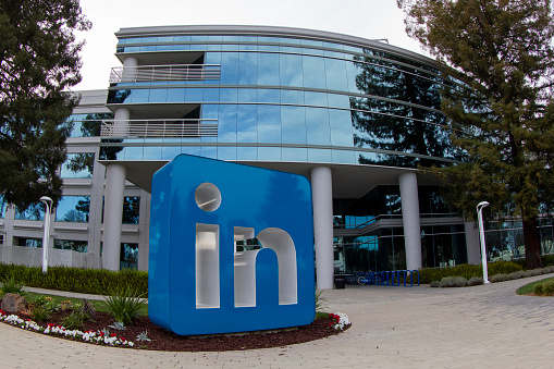 Sunnyvale, CA, USA - Feb 29, 2020: Exterior view of the headquarters of LinkedIn, an American business and employment-oriented online service owned by Microsoft Corporation, in Sunnyvale, California.