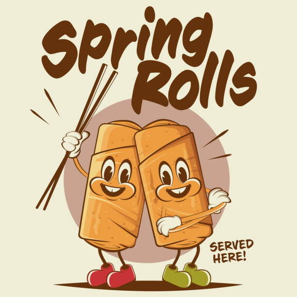 funny cartoon illustration of happy spring rolls vector art illustration