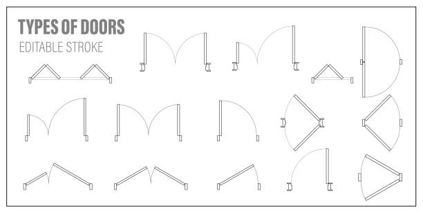 ilustraciones, imágenes clip art, dibujos animados e iconos de stock de juego de puertas para vista superior del plano de planta. kit arquitectónico de iconos para proyecto de interiores. puerta para esquema de apartamentos. símbolo de construcción, elemento de diseño gráfico, plano, mapa. ilustración vectorial - puerta estructura creada por el hombre