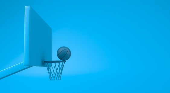 3D rendering, Mock up of basketball hoop and ball, monochrome blue color style, blank empty space for copy, isolated on blue color background.