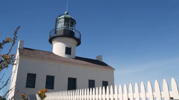 istock Vintage lighthouse tower, retro light house, old fashioned classic white beacon. 1422120169