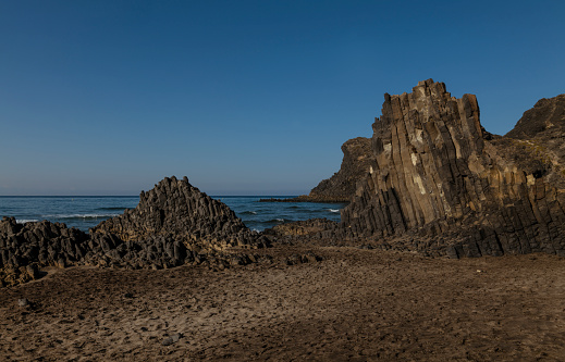 Landscape of rock formation on beach. Cabo de Gata, Almeria, Spain