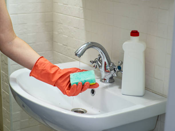 istock Person hand holding a mint sponge and washing it under water 1422121664