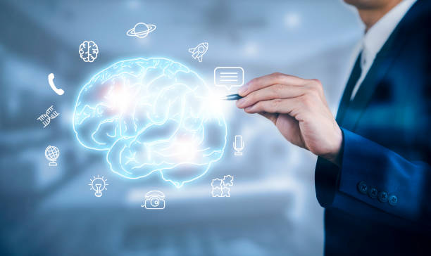 istock Businessman touch brain with cloud and people icon in the dark background in graph Screen Icon of a media screen, Technology Process System Business concept 1422123640
