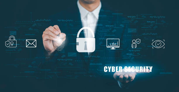 istock Man Hacker touch finger scan with cyber security in graph Screen code of a media screen on the White background, Technology Process System Business and hacks online concept, Copy space 1422123656