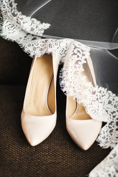 istock Beige wedding shoes under a veil with lace 1422127122