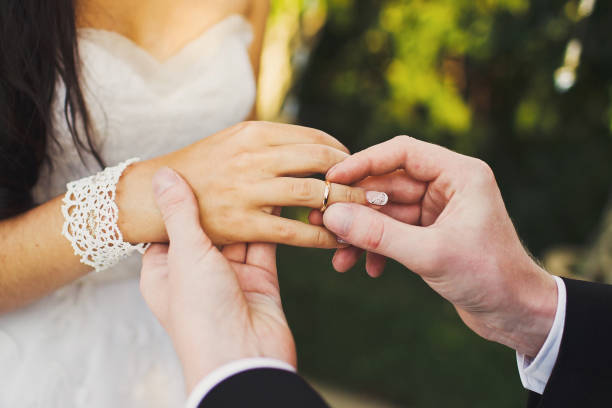istock Bride and groom exchange rings at the wedding ceremony 1422127506