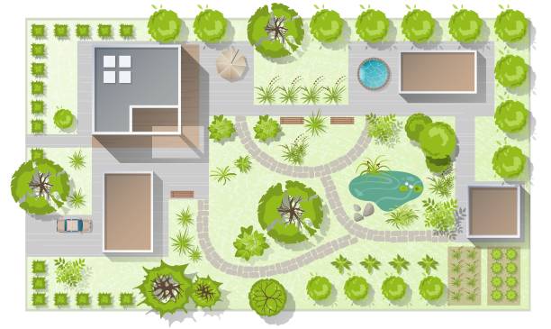 istock Landscape design plan with house, courtyard, lawn and garage top view. Highly detailed plan of country with modern cottage, garden, pond, pool. Vector illustration of Cityscape, Map of town, village 1422130016