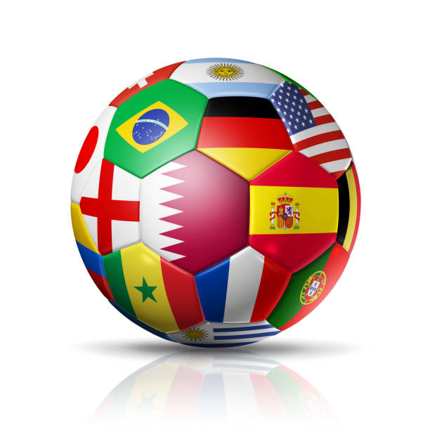 Qatar 2022. Football soccer ball with team national flags. 3D illustration isolated on white background stock photo