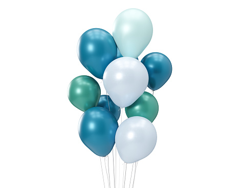 Blue balloons isolated on white background. Birthday, celebration, element for event card. 3d rendering