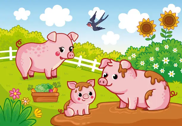 Vector illustration of Family of pigs with a baby sitting in the mud in a summer meadow. Vector illustration with cute animals