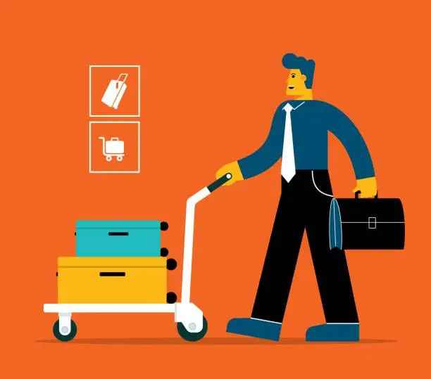 Vector illustration of Businessman at the Airport with Luggage Cart