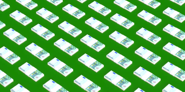 Set of 3 various money bills concept: Hundred EUR cash pattern on green surface. Banknote heap illustration with Europe Union currency symbols for finance, banking, cashback, payment, e-commerce. Great as poster, wallpaper, wrapping paper.