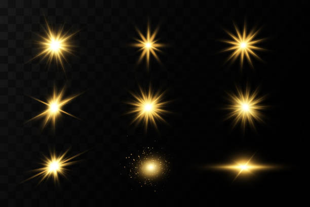 istock Shining golden stars isolated on black background. Effects, glare, lines, glitter, explosion, golden light. Vector illustration.Set. 1422134360