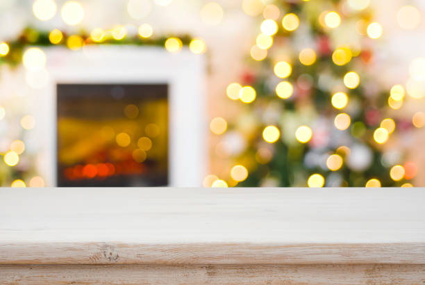 istock Festive wooden table for product display with glittering lights background 1422134967