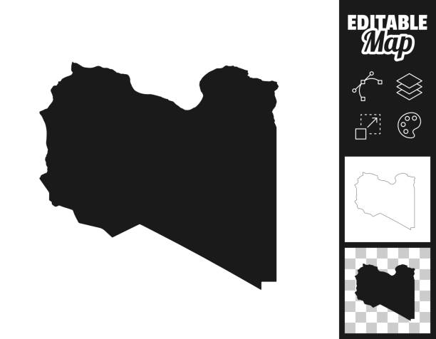 Libya maps for design. Easily editable Map of Libya for your own design. Three maps with editable stroke included in the bundle: - One black map on a white background. - One line map with only a thin black outline in a line art style (you can adjust the stroke weight as you want). - One map on a blank transparent background (for change background or texture). The layers are named to facilitate your customization. Vector Illustration (EPS file, well layered and grouped). Easy to edit, manipulate, resize or colorize. Vector and Jpeg file of different sizes. libya map stock illustrations