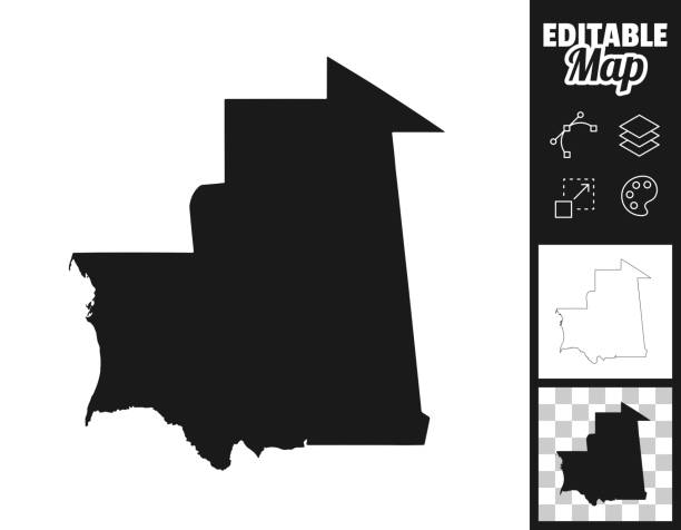 Mauritania maps for design. Easily editable Map of Mauritania for your own design. Three maps with editable stroke included in the bundle: - One black map on a white background. - One line map with only a thin black outline in a line art style (you can adjust the stroke weight as you want). - One map on a blank transparent background (for change background or texture). The layers are named to facilitate your customization. Vector Illustration (EPS file, well layered and grouped). Easy to edit, manipulate, resize or colorize. Vector and Jpeg file of different sizes. mauritania stock illustrations