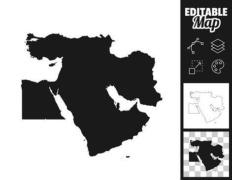 Map of Middle East for your own design. Three maps with editable stroke included in the bundle: - One black map on a white background. - One line map with only a thin black outline in a line art style (you can adjust the stroke weight as you want). - One map on a blank transparent background (for change background or texture). The layers are named to facilitate your customization. Vector Illustration (EPS file, well layered and grouped). Easy to edit, manipulate, resize or colorize. Vector and Jpeg file of different sizes.