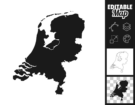 Map of Netherlands for your own design. Three maps with editable stroke included in the bundle: - One black map on a white background. - One line map with only a thin black outline in a line art style (you can adjust the stroke weight as you want). - One map on a blank transparent background (for change background or texture). The layers are named to facilitate your customization. Vector Illustration (EPS file, well layered and grouped). Easy to edit, manipulate, resize or colorize. Vector and Jpeg file of different sizes.