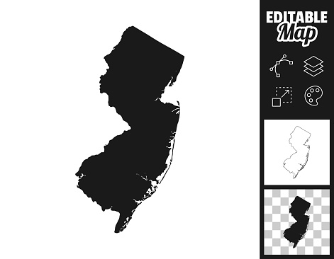 Map of New Jersey for your own design. Three maps with editable stroke included in the bundle: - One black map on a white background. - One line map with only a thin black outline in a line art style (you can adjust the stroke weight as you want). - One map on a blank transparent background (for change background or texture). The layers are named to facilitate your customization. Vector Illustration (EPS file, well layered and grouped). Easy to edit, manipulate, resize or colorize. Vector and Jpeg file of different sizes.