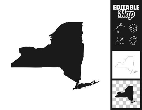 Map of New York for your own design. Three maps with editable stroke included in the bundle: - One black map on a white background. - One line map with only a thin black outline in a line art style (you can adjust the stroke weight as you want). - One map on a blank transparent background (for change background or texture). The layers are named to facilitate your customization. Vector Illustration (EPS file, well layered and grouped). Easy to edit, manipulate, resize or colorize. Vector and Jpeg file of different sizes.