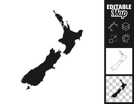 Map of New Zealand for your own design. Three maps with editable stroke included in the bundle: - One black map on a white background. - One line map with only a thin black outline in a line art style (you can adjust the stroke weight as you want). - One map on a blank transparent background (for change background or texture). The layers are named to facilitate your customization. Vector Illustration (EPS file, well layered and grouped). Easy to edit, manipulate, resize or colorize. Vector and Jpeg file of different sizes.