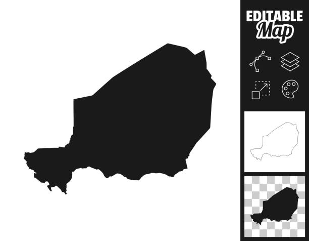 Niger maps for design. Easily editable Map of Niger for your own design. Three maps with editable stroke included in the bundle: - One black map on a white background. - One line map with only a thin black outline in a line art style (you can adjust the stroke weight as you want). - One map on a blank transparent background (for change background or texture). The layers are named to facilitate your customization. Vector Illustration (EPS file, well layered and grouped). Easy to edit, manipulate, resize or colorize. Vector and Jpeg file of different sizes. niger stock illustrations