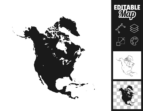 Map of North America for your own design. Three maps with editable stroke included in the bundle: - One black map on a white background. - One line map with only a thin black outline in a line art style (you can adjust the stroke weight as you want). - One map on a blank transparent background (for change background or texture). The layers are named to facilitate your customization. Vector Illustration (EPS file, well layered and grouped). Easy to edit, manipulate, resize or colorize. Vector and Jpeg file of different sizes.