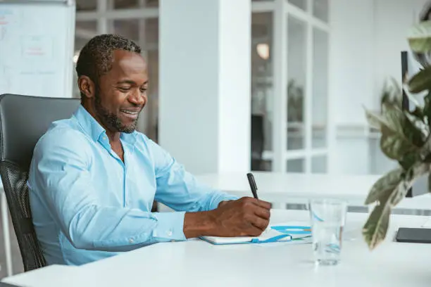 Smiling African businessman taking notes while sitting in modern office. High quality photo