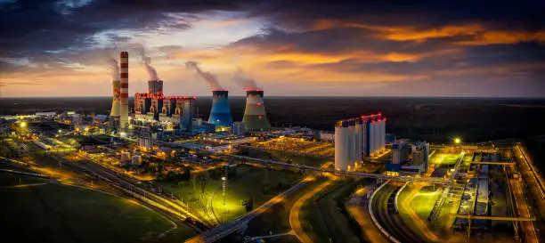 Photo of Aerial view of a modern coal power plant at sunrise, Opole, Poland