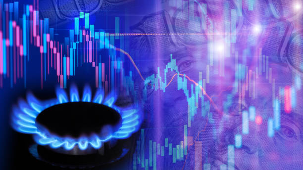 concept de croissance des coûts du gaz naturel avec brûleurs à gaz et graphiques boursiers - natural gas gas burner flame photos et images de collection