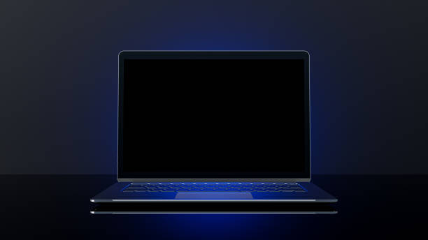 istock Metallic Laptop Mock-Up on stand and blue light placed on black background. 1422149325