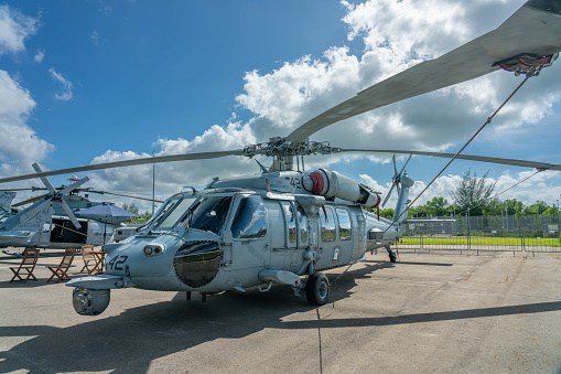 Singapore, 15 Feb, 2020: View of a parked reconnaissance and transport Helicopter used by the Marines.