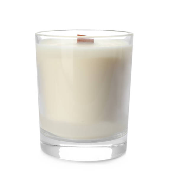 istock Aromatic soy candle with wooden wick isolated on white 1422150245