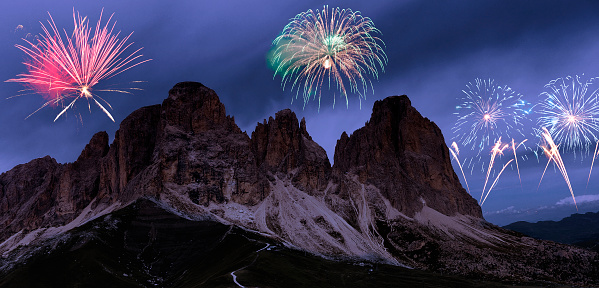 New year fireworks over Dolomites, European Alps.