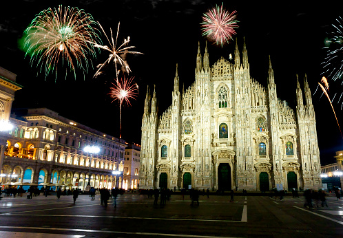 New year fireworks over Milan cathedral, Italy.