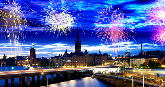 New year fireworks over Stockholm, Sweden.