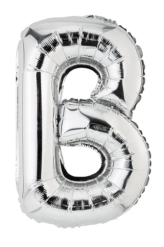 Letter B in silver mylar balloon isolated on white