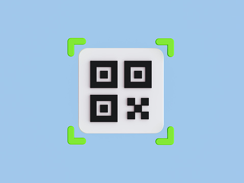 QR code scan to smartphone on blue background. Qr code for payment. Mobile phone scanning QR-code. Verification. 3d reder