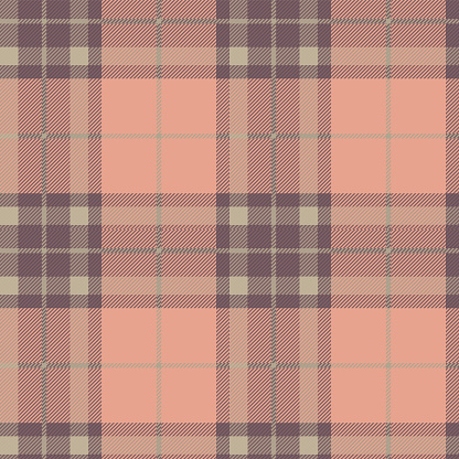 Beige and purple Scottish tartan plaid pattern, fabric swatch close-up.