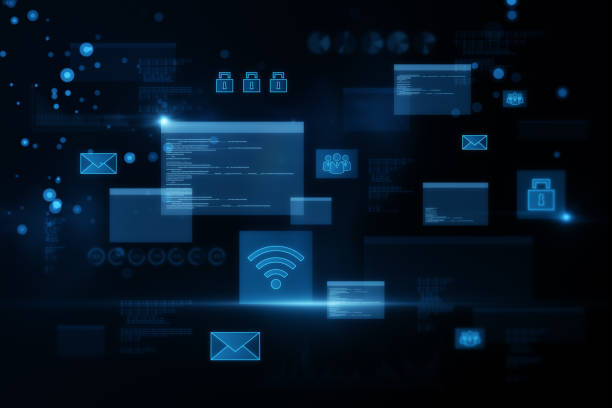 istock Abstract glowing digital transformation hologram background. 3D Rendering. 1422168372